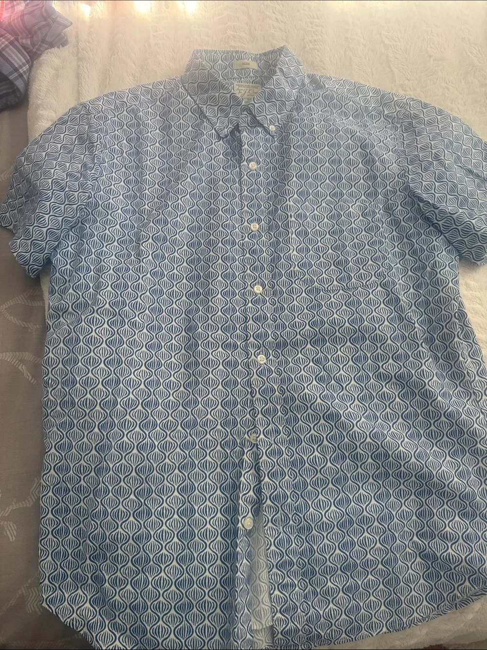J. Crew Blue Short-Sleeve Geometric Button-Down Shirt
